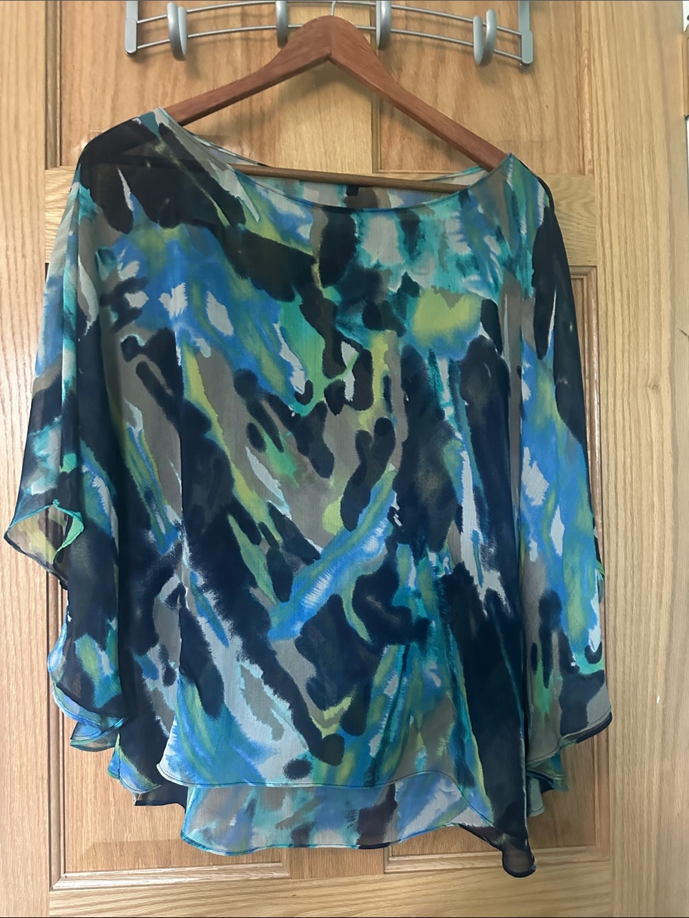 INC International Concepts Blue and Green Abstract Sheer Layered Tunic